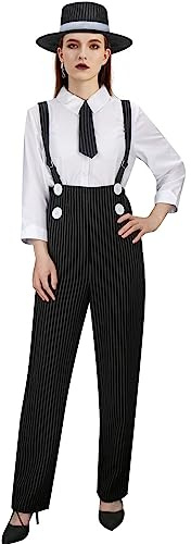 NUWIND 1920s Adult Women's Gangster Shirt, Pinstripe Overalls and Tie Hat Lady Costume 20's Fancy Dress up Outfit Suit Vintage Gangster Boss Costume (Black White, L)