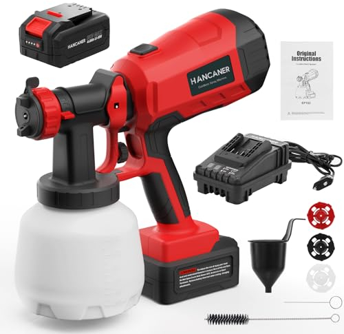 Hancaner Pistola a Spruzzo per Verniciare 20 V 4000 mAh Elettrica per Verniciatura con 3 Ugelli, 3 Modelli di Spruzzo, 1200 ml, Verniciatore a Spruzzo a Batteria per Mobili, Armadi, Recinzioni, Sedie.