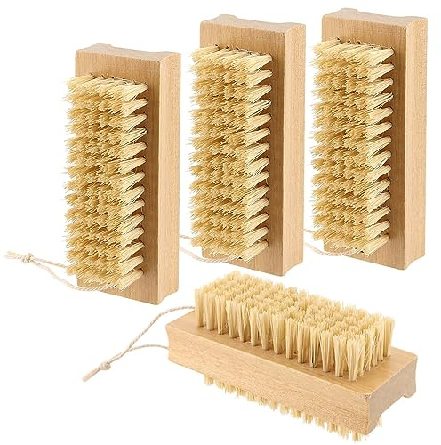 HEIHAK 4 Pack Wooden Nail Brush, Double Sided Stiff Fingernail Brush with Hanging Rope, Nail Cleaning Brush for Hand Fingernails Foot Toenails