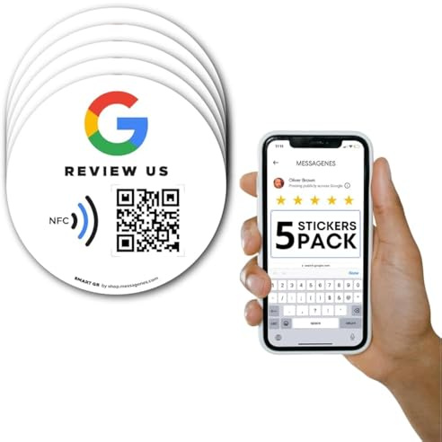 Wiederverwendbare Rezensions-Aufkleber für Google-Rezensionen, 5-Aufkleber-Packung, QR & Tap NFC-Aufkleber, Review Us on Google Tap Aufkleber, iPhone & Android, Boost My Reviews Aufkleber, Einrichtung