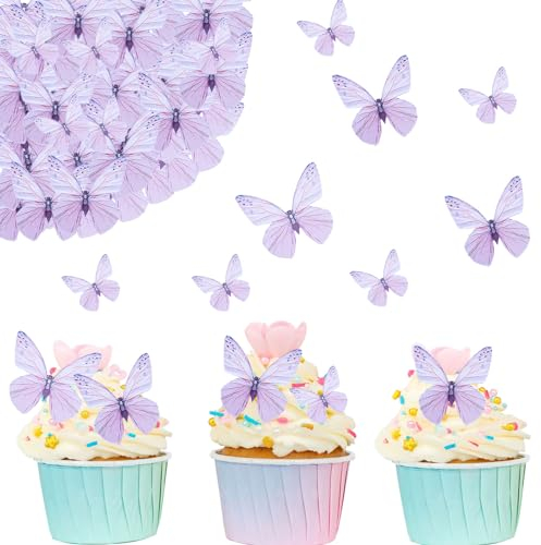 ALEGRE 72 Stück Essbare Schmetterlinge Cupcake Topper, Lila Tortendeko für Geburtstag, Hochzeit, Taufe - Esspapier Kuchendeko