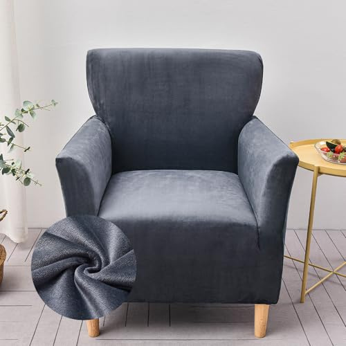 Highdi Sesselbezug aus Samt Weich Stretch Sofabezug mit Armlehnen rutschfest Sofa Überzug 1 Sitzer, Sesselschoner Sesselhusse für Relax-Sessel Cocktailsessel Clubsessel (Dunkelgrau)