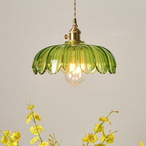 YLTLINK Grün Lotus hängelampe Esstisch,Vintage Glas Pendellampe mit E27 Fassung, Höhenverstellbar, Modern Retro Pendelleuchte,Glas-Lotus-Schirm,Hochwertig, für Esszimmer, Küche, Wohnzimmer, Bar, Café