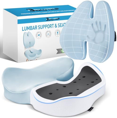 BEAUTRIP Seat Cushion & Lumbar Support Pillow for Office Chair, Car & Wheelchair - Ergonomic Coccyx Cushion for Tailbone, Sciatica & Back Pain Relief - Extra-Dense Charcoal Memory Foam Chair Cushions