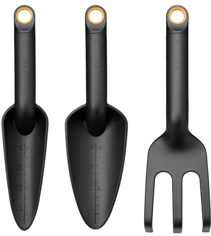 Fiskars Set d'outils de jardinage, 3 pièces, Griffe de jardin, Déplantoir et Plantoir, plastique FiberComp recyclé à 65% avec fibre de verre, noir/orange, Solid, 1076379