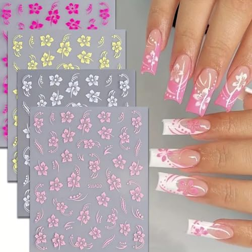 Irikdescia 8 Stück Hibiskus Nagelsticker, 3D Selbstklebende Blumen Nagelaufkleber, Weiß Rosa Gelb Magenta Sommer Neonail Sticker, Nail Art Zubehör Nagel Deko für Frauen