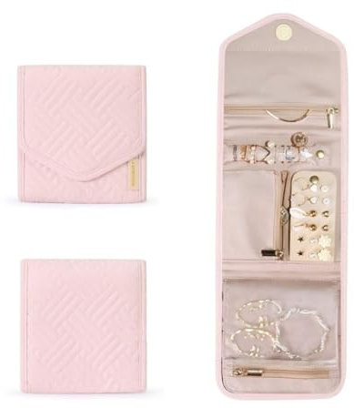 Bieiyhe Schmuckrolle für Reisen, Faltbare Reise Schmuck Organizer Taschen, Schmuckaufbewahrung Travel, Schmuckrollen Tragbare Schmucktasche Klein für Ohrring Ringe Halsketten Uhren Armbänder -Rosa