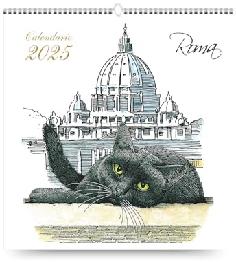AIMA Väggkalender 2026, 31 x 33 cm – 12 månaders spiralväggkalender – med katter och monument Rom - 2026 kalender med katt - med 1 magnet och 1 gratis anteckningsblock - Sankt Peterskatt