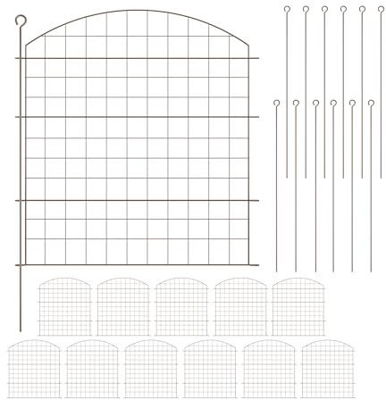 Relaxdays Teichzaun, 12 Zaunelemente, je HxB: 78 x 75 cm, Oberbogen, zum Stecken, Metall, Garten, Pool, Beetzaun, braun