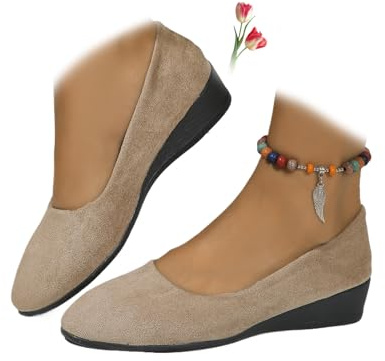Zapatos de cuero ligeros para mujer, cómodos, con soporte de arco, de cuña, sin cordones, de tacón bajo, para el trabajo, bailarina, mocasines, Khaki, 40 EU