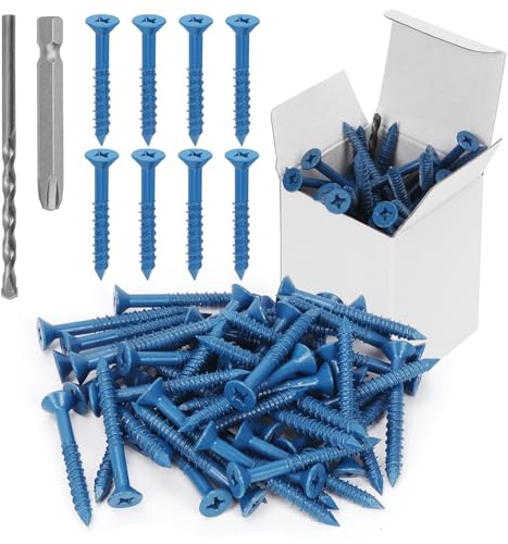 Swpeet 52 anclajes de tornillo de hormigón de cabeza plana de 1/4 x 2-1/4 con destornillador y libro de taladros, kit surtido, tornillos de hormigón, tornillos auto-tornillos de cemento para anclaje