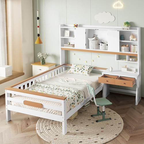 Gxffipw Einzelbett Kinderbett mit Stauraumschrank und Rausfallschutz, Bett mit Stauraum, Einzelbetten 90x200 cm Tisch und Schubladen, Holzbett Bettgestell mit Lattenrost, Weiß, Ohne Matratze