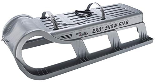 EKO Snow-Star 100 Luge argentée - Luge de marque robuste pour 2 personnes, construction légère en polyéthylène haute densité, patins en acier inoxydable, luge maniable pour neige fraîche et neige