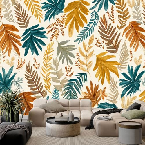 Genérico Papel Pintado Panorámico Helechos Hojas Palma, Beige Fotomurales Tejido No Tejido - Grandes Personalizado Paredes Póster 200 x 140 cm para Salón Dormitorio Oficina Decoración