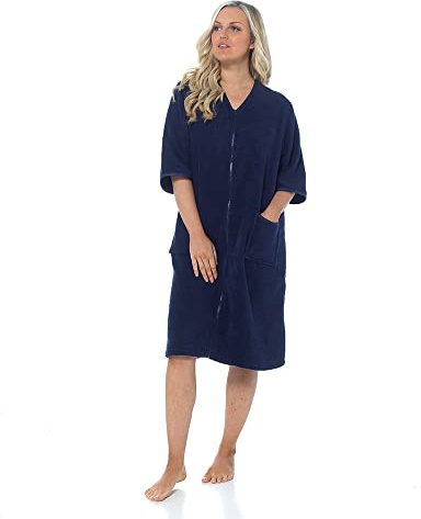 KAV Zip Up Dressing Gown Terry Towelling Bath Robes For Women 100% Cotton Dressing Gown Drying in Mint Blue Pink colour (12-14, Navy)