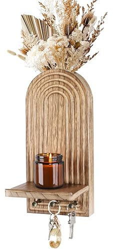 HofferRuffer 3-in-1 Wandregal Holz，Wandvase+Kerzenhalter+ Schlüsselhaken，Boho Wanddeko Holz, Wandorganizer hängend, Wooden Wall Shelves, platzsparend für Wohnzimmer Schlafzimmer Flur（Natur）