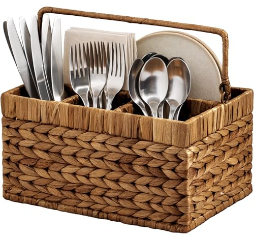 Best Choice Products Handwoven Silverware Organizer w/Handle, 4 Compartment Flatware Organizer, Shelf Storage Basket, Wicker Utensil Caddy, Cutlery Basket Holder for Party, Picnic, BBQ - Chestnut