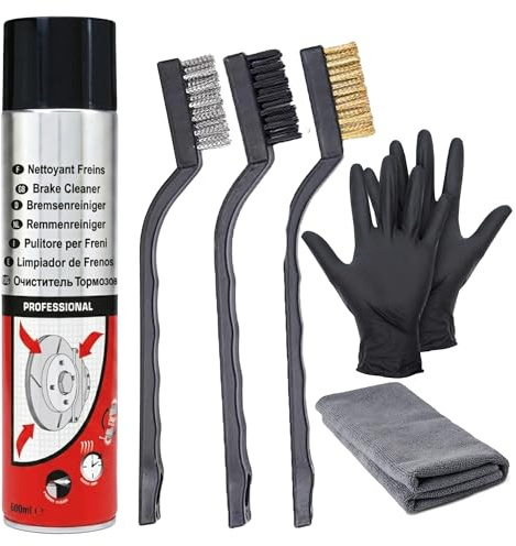 Brake Cleaner Spray(500ml) with Detailing Brushes (Nylon, Brass & Steel), Gloves & Cloth – Heavy Duy Brake Parts & Disc Cleaner, Reduces Brake Noises, No Disassembly – Car, Bike, Discs & Calipers
