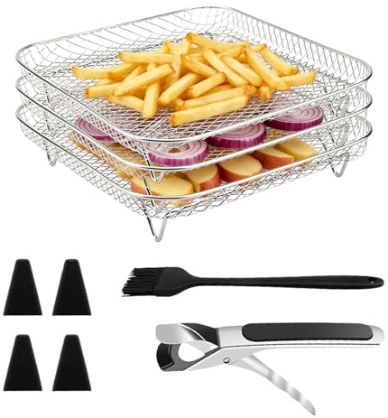 Rejilla Air Fryer Cuadrada, Rejillas Apilables Inoxidable, 3 Pcs Rejilla para Freidora De Aire, Con 4 Pies De Silicona, 1 Clip Antiquemaduras, 1 Cepillos, para Hornear, Microondas(19,5 cm)