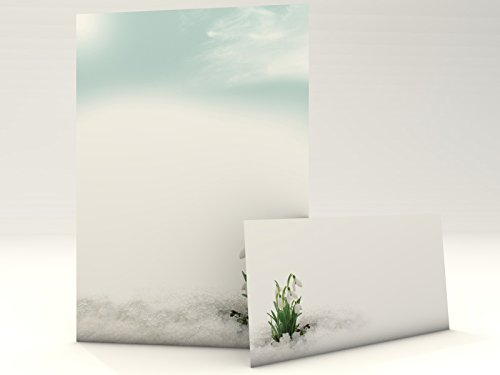 Frühlingshaftes Briefpapier Set | Schneeglöckchen| 100 Blatt Motivpapier DIN A4 | 100 Briefumschläge OHNE FENSTER im DIN LANG-Format | florale Motive