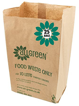 10 Litre x 25 Paper Compostable Bags Kitchen Caddy Liners - Food Waste Bin Liners - EcoSack 10L Biodegradable Bags with Composting Guide