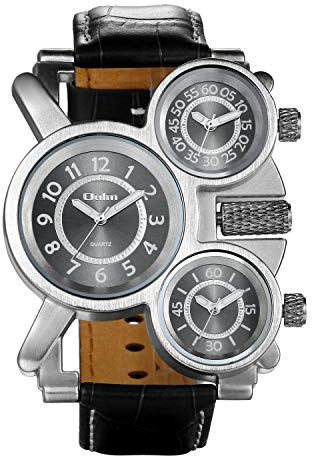 JewelryWe Herren Einzigartig Übergroße Armbanduhr DREI Zeitzone Analog Quarz Uhr Sportuhr mit Leder Armband