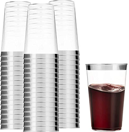 Munfix 100 bicchieri in plastica trasparente da 473 ml, con bordo argentato, eleganti bicchieri usa e getta per matrimoni, con bordo argentato