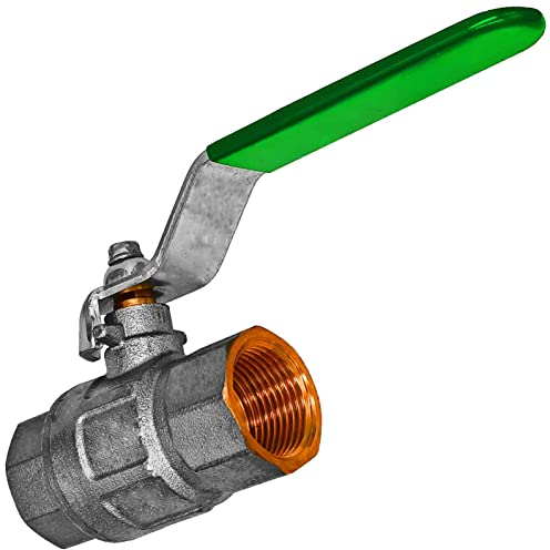 Kugelhahn aus Messing mit 1/2 Rohr Zoll DN15 Innengewinde IG x IG Druck PN50 Bar mit robustem Stahl Hebelgriff grün Absperr Kugel Ventil BSP Gewinde Fitting Anschluss Rohr Leitung