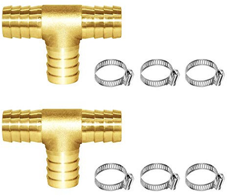 Joywayus 1/2 Brass Barb Tee Fittings T-Shaped 3 Ways Union 1/2 Hose Barb Pipe Fitting with 6pcs Stainless Steel Pipe Clamp for Water/Fuel/Air (Pack of 2)