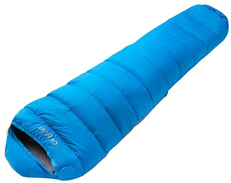 COLUMBUS Everest 450 - Saco de Dormir de Pluma | Saco de 3 Estaciones con Relleno de 450 g Collarín Térmico y Solapa Anti Frío. Saco Ligero para Mochila o Bolsa de Bici. Color Azul y Gris.
