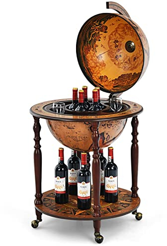 COSTWAY Globusbar Barschrank, Barwagen mit Rollen & Deckel, Hausbar Servicewagen Weltkugel,  Globus Weinregal Weinschrank für Flaschen, Tischbar Minibar für Küche Wohnzimmer Esszimmer