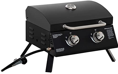 Outsunny 2 Burner Gas BBQ Grill Outdoor Portable Folding Tabletop Barbecue w/Lid, Thermometer, Carbon Steel, Black