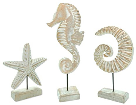 Holz Skulptur weiß- braun Dekofigur Tisch-Deko Maritim Mediterran Meeresdeko 3er Set - Seepferd, Muschel und Seesternchen