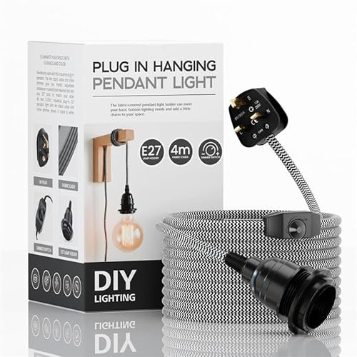 LEDSone Industrial Hanging Pendant Light with Plug-in Pendant Light | E27 Suspended Lamp Holder 4m Fabric Flexible Cable with Dimmer Switch for Ceiling Hanging Lights (Black & White)