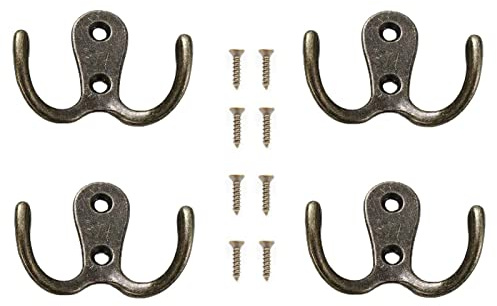 Yesmin 4 Pcs Double Prong Robe Hooks, Dual Coat Hooks Wall Mounted Hanging Clothes for Bathroom Bedroom Door Wall Retro Metal Cloth Hanger Double Coat Hooks with 8 Screws (Vintage)
