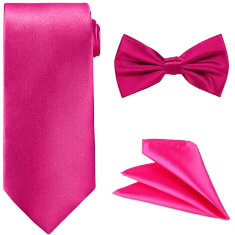 WedDecor Hot Pink Men's Satin Necktie, Pre-tied Bow Tie & Pocket Square Set