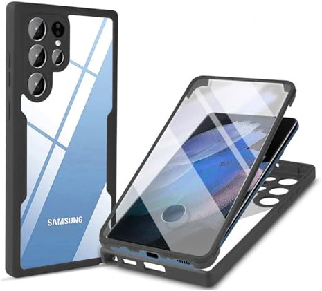 360 Grad Hülle Kompatibel mit Samsung Galaxy S21 Ultra | Handyhülle mit eingebautem Displayschutz für Galaxy S21 Ultra | Schwarz