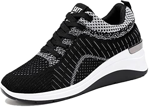 Sudychen Baskets Femme Compensées Chaussure Course Running Fitness Sneakers Occasionnel Respirant Marche Chaussures Invisibilité Plateforme Talon de 5CM (Noir Gris Rose)