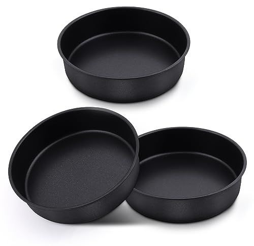 HaWare 6 inch Cake Tin, Non-Stick Stainless Steel Round Baking Pan Set of 3, Small Birthday Wedding Layer Cake Tins for Baking Roasting Serving, Healthy & Non-Toxic, Rust Resistant (16cm, Black)