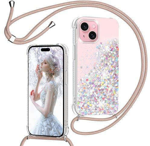 TUUTPU Handyband für iPhone 15 6,1'' Hülle mit Band, Glitzer Treibsand Handyhülle mit Kordel zum Umhängen Transparent Stoßfest Schutzhülle mit Kette Schnur, Quicksand Necklace Case in Roségold