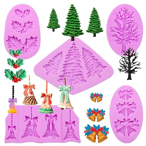 Pine Tree Silicone Mold, Christmas Bells Fondant Molds, Holly Leaves Chocolate Baking Mold for Christmas Theme Cake Decoration Cupcake Topper Candy Sugar Craft Gum Paste Clay Resin