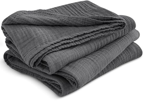 PHF 100% Cotton Muslin Throw Blanket Single Size 130x150cm, 4-Layer Ultra Soft Lightweight Breathable Gauze Blanket for Summer, Elegant Home Decoration for Couch Sofa Bed, Black