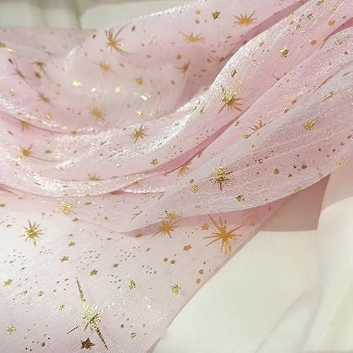 PTNKUIIY Organza Stoffe zum Nähen 150cm*3m Stern Glitzer Optik Leichter Glanz Stoff zum Dekorieren Basteln Sparkly Stoff für DIY handgemachte Kleidung Hochzeit Kleid Gardine Vorhänge Tischdeck-Rosa