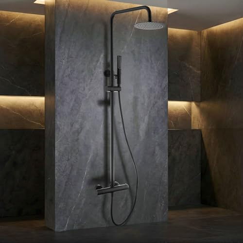 IMEX - Colonne de Douche Thermostatique Noire avec Robinet | Ensemble de Douche avec Pommeau et Pommeau Anticalcaire Effet Pluie | Robinetterie en Laiton et Acier Inoxydable S.304 avec Barre