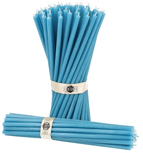 Danilovo Reine Bienenwachskerzen – tropffrei, rauchfrei, hohe, dünne Spitzkerzen – dekorative Kerzen für Kirchgebet, Deko oder Geburtstagskerzen – Honigduft Kerzen – 18,5 x 0,61 cm (Türkis, 50 Stück)