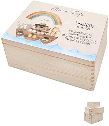Bärenfreunde - Personalisierte Erinnerungsbox Baby mit Spezial-Druck - Individuelle Baby Erinnerungsbox - Erinnerungskiste Taufe - Geschenk zur Taufe (S | Klappdeckel,Arche Regenbogen Psalm)