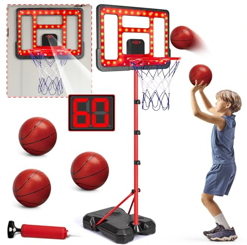Kids Basketball Hoop Adjustable Height 3.5FT-6.2FT, Indoor & Outdoor Toddler Basketball Hoop with Scoreboard & LED, Boys Basketball Toy for 3 4 5 6 7 8 Years Gift, Portable Basketball Goals Sport Game