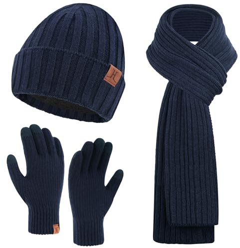 ZASFOU Herren Winter Mütze Schal Touchscreen Handschuhe Set Thermo Beanie Wintermütze Strickmütze Winterschal Winterhandschuhe Geschenk für Männer