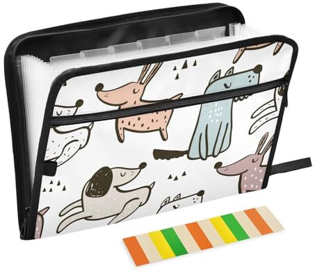 KLL Akkordeanische Dokumentenmappe, 13 Fächer, A4-Größe, Dokumentenmappe für Schule, Zuhause, Büro, Klassenzimmer, niedliche Hunde, Grün / Orange