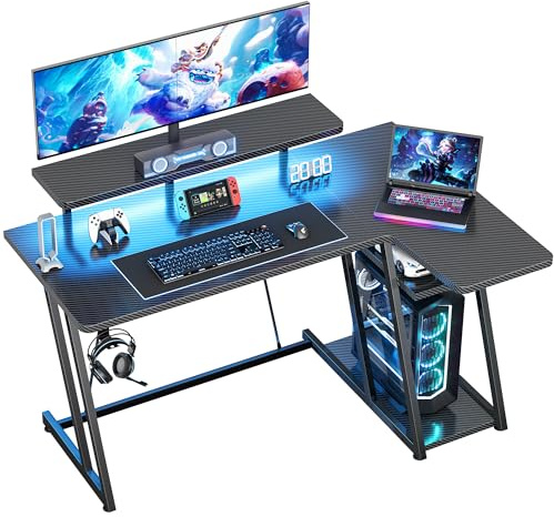 HOMIDEC 120cm L Shaped Gaming Desk, Computer Corner Desk with LED Lights | Smart App LED Lights, Carbon Fiber Surface, Ergonomic Monitor Stand, 2 Storage Shelves & Hook, Sturdy Z-legs, Black